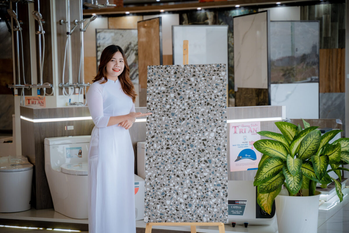Gạch terrazzo xám hạt đá